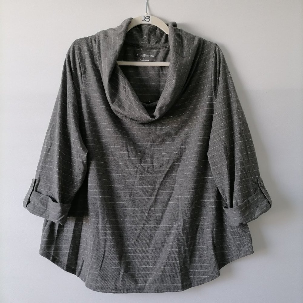 Croft & Barrow Womens Gray Roll Tab Sleeve Cowl Neck Striped Blouse Size 1X